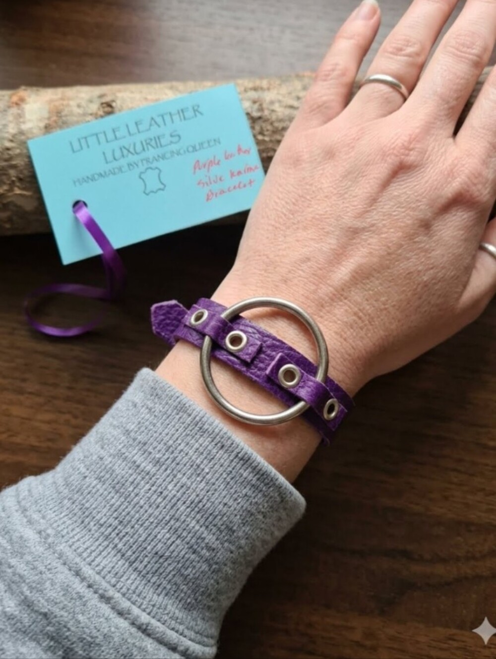 Handmade Genuine Leather Karma Circle Bracelet Purple Silver Gunmetal 6"